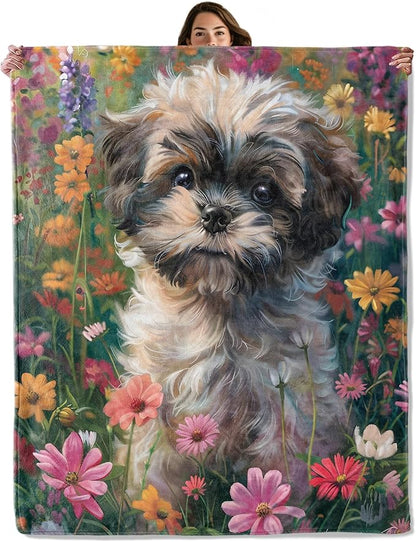 Cute Dog Flower Field Throw Blanket – Colorful Floral Design, Cozy Warm Flannel Blankets, All Season Use, Kids Boys Girls and Pet Lovers Gifts, 50x60in, Sofa Office Dorm Travel RV Decoration