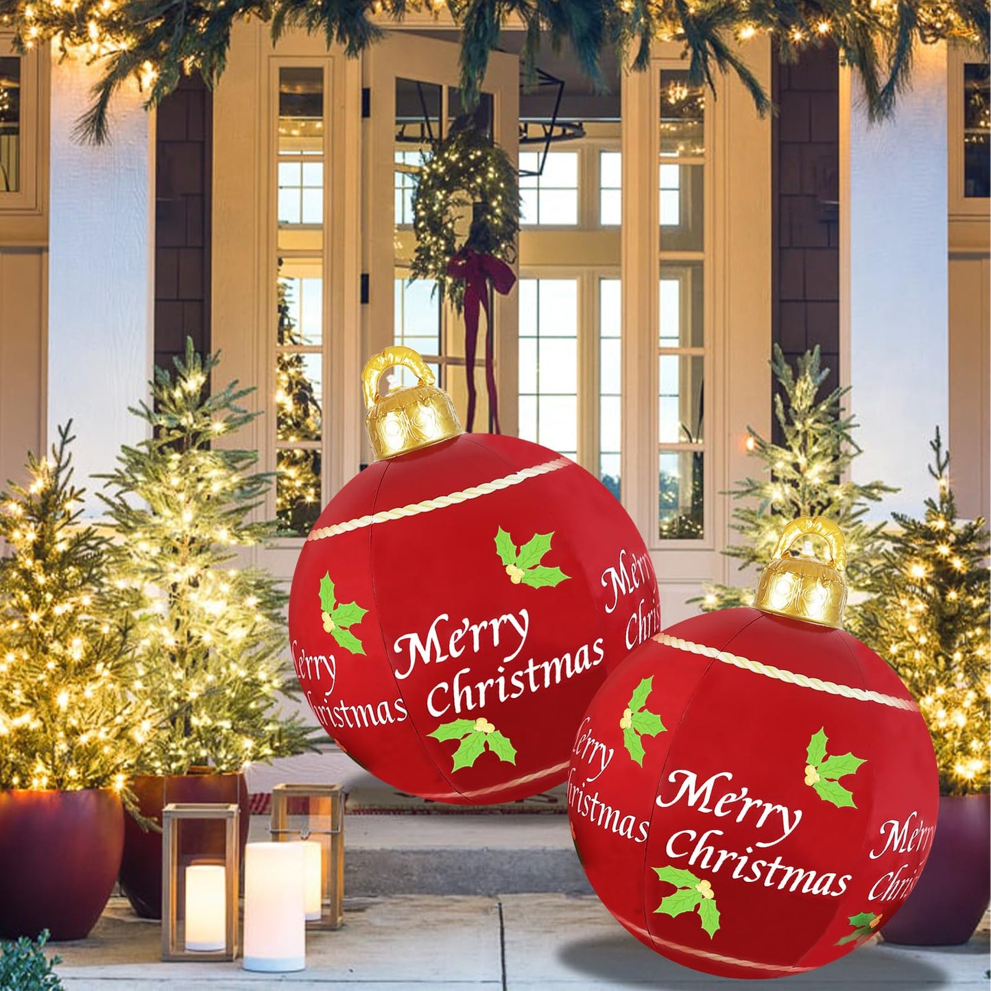 2 Pcs 24 Inch Christmas Giant Inflatable Ornaments Balls Outdoor, PVC large Christmas Hangable Blow Up Ball Decorations for Indoor Yard Porch Lawn (24" Red, 2)