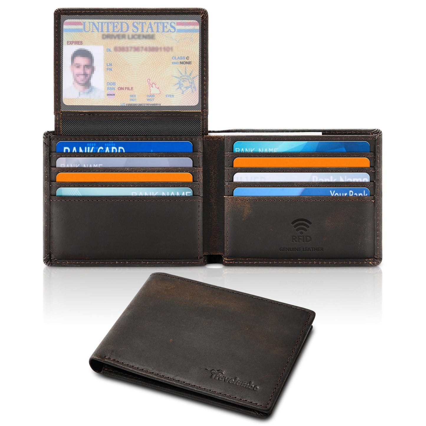 Travelambo Genuine Leather Wallet for Men with Gift Box - Handmade Bifold Stylish - Mens Wallets Rfid Blocking with 2 ID Windows