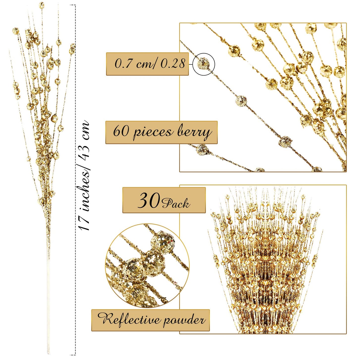 Geosar 30 Pcs Artificial Glitter Berry Stem Decorations 17 Inch Faux Stick Floral Pick Centerpiece Bouquet Flower Bead Twigs for Centerpiece Tree Wreath Ornaments Home(Gold)