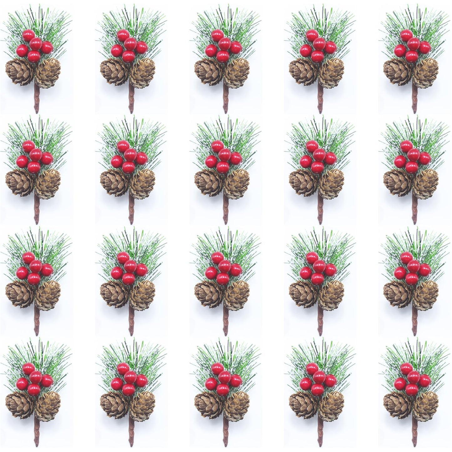Snow Frosted Christmas Picks and Sprays, 20Pcs Artificial Pine Needles Branches with Red Berries, Pine Cones for Crafts, Floral Picks for Christmas, Winter Decor, Gift Wrap Embellishments (20)