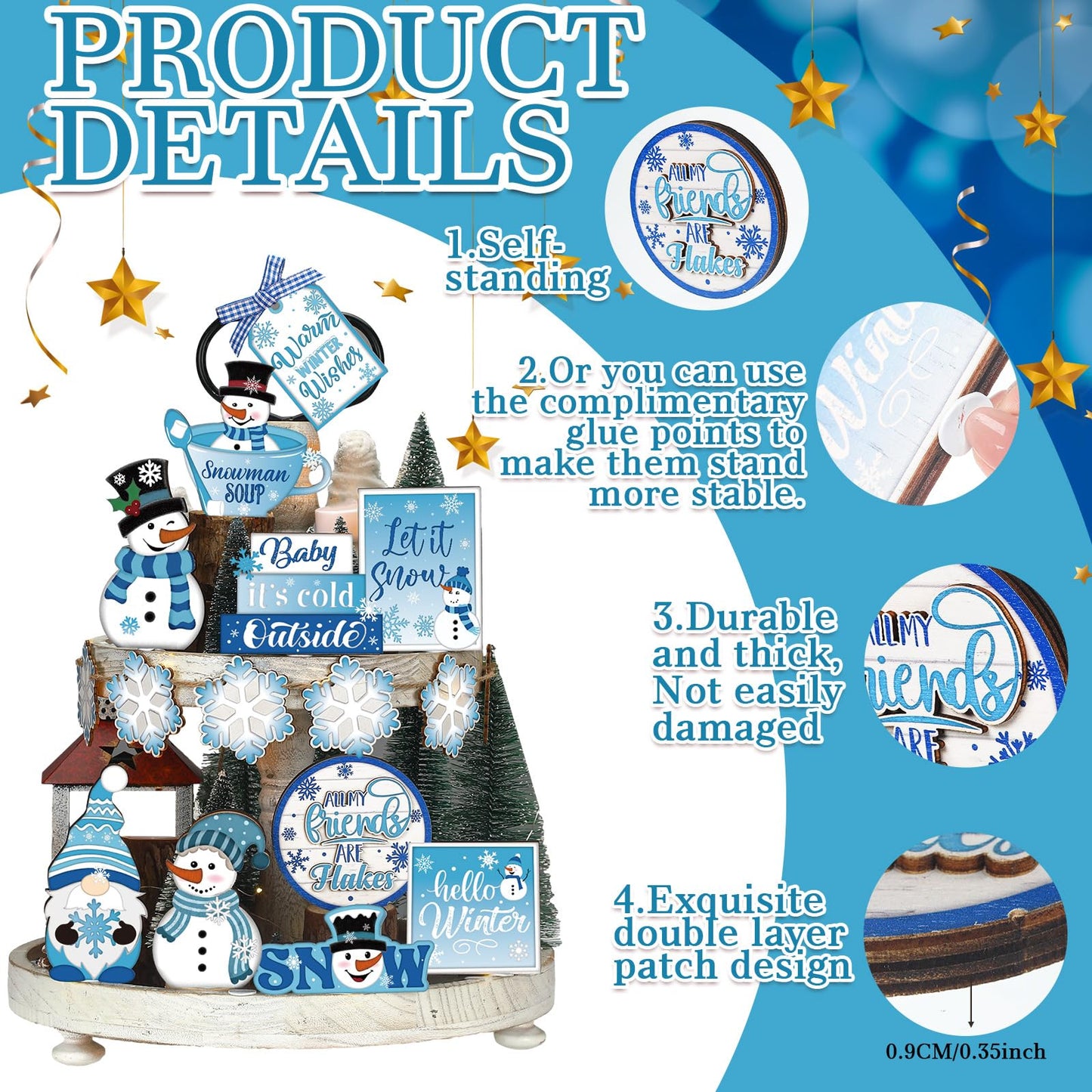 Ziliny 19 Pcs Winter Christmas Tiered Tray Decorations Set Snowman Snowflake Tiered Decor Winter Wooden Signs Farmhouse Table Centerpiece with Rope Holders for Xmas Party Favor Supplies