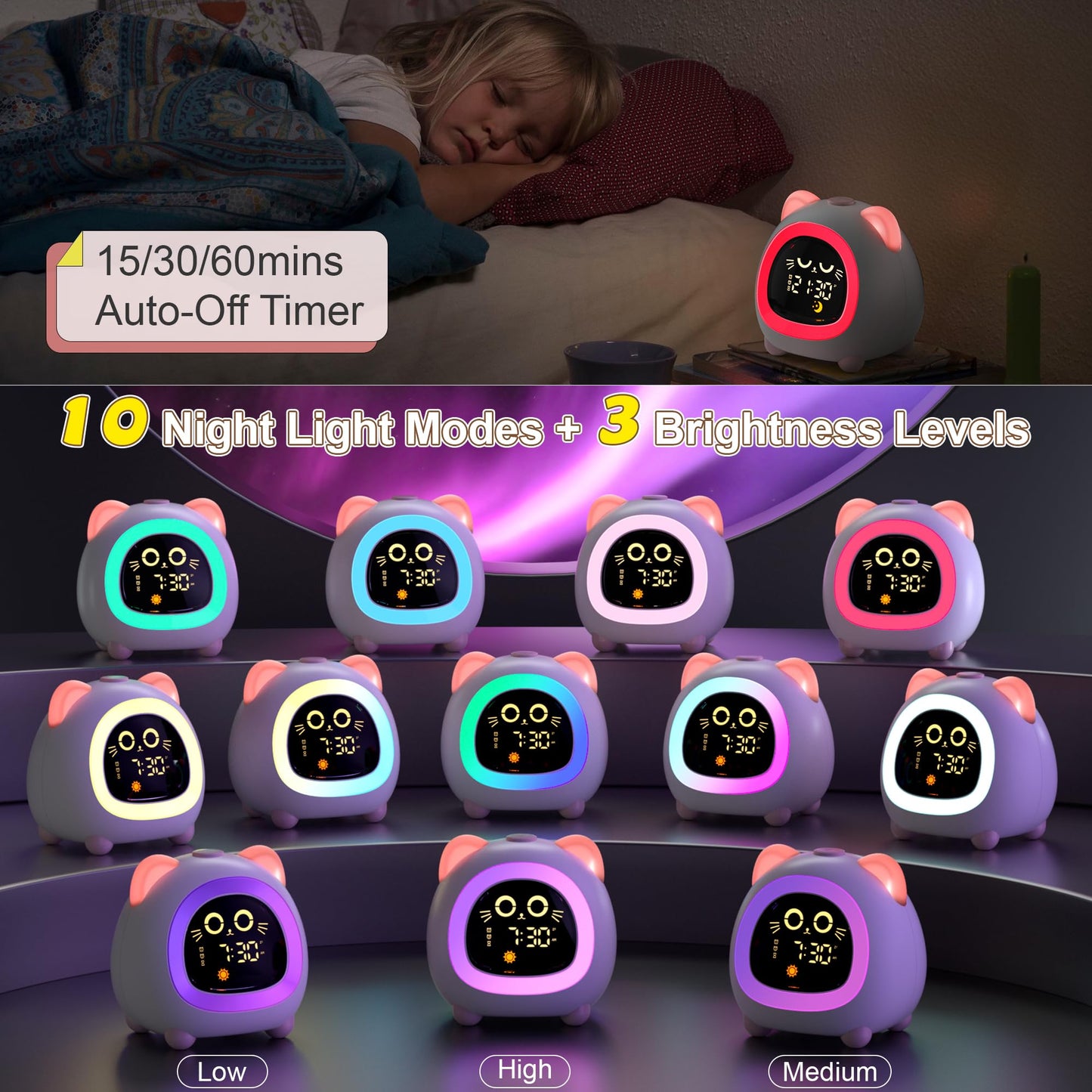 ANALOI Alarm Clock for Kids, Ok to Wake Clock for Kids with Eye Protection Sleep Training Auto Off Feature 10 Night Light Dual Alarm for Bedroom, Kids Alarm Clock Pink Cat Gifts for Girls