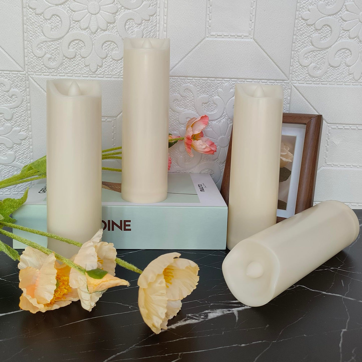 iZAN 4 Pack Flameless Battery Operated LED Pillar Candles with Remote Outdoor Waterproof Flickering Decorative Lights for Halloween Christmas Home Kitchen Décor Wedding Party Event Decorations 2”x7”