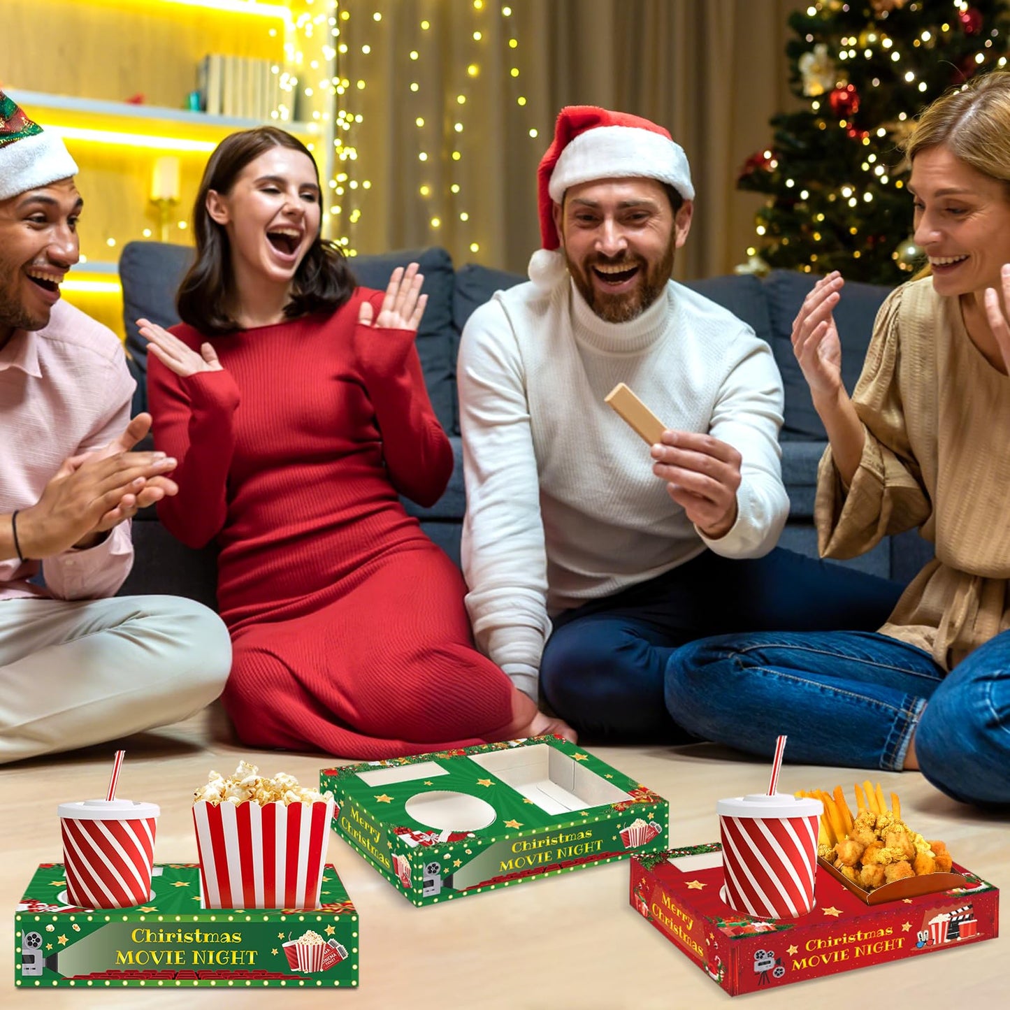 32 Pcs Movie Night Snack Trays Hold Popcorn Candy Food Drink Boxes Merry Christmas Movie Night Party Supplies Christmas Popcorn Food Candy Drink Tray for Kid's Birthday Theater Family Xmas Party Decor