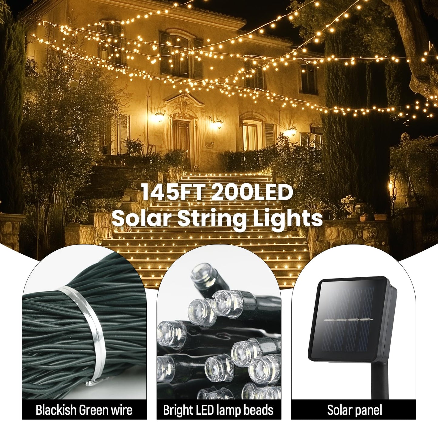 Solar String Lights for Outside, 2 Pack 200 Led Solar Christmas Lights Outdoor Waterproof 82ft Solar Fairy Lights 8 Lighting Mode Solar String Lights Idea for Garden,Courtyards,Trees(Warm White)