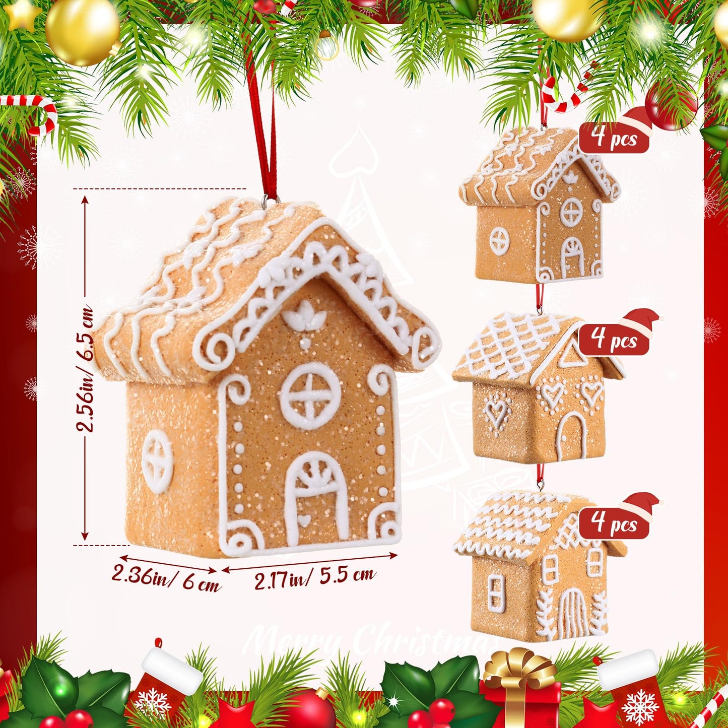 Vesici 12Pcs 3D Christmas Gingerbread House Ornaments for Christmas Tree 3 Styles Mini Cookie House Hanging Decorations for Village Home Decor Holiday Xmas Tree Party