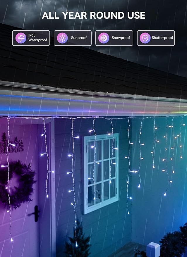 Smart Icicle Lights for Outside - 56ft 512 LED Color Changing Icicle Christmas Lights Outdoor - APP Controller 50+Preset Modes 16M Color Customize DIY Dynamic Lighting Effect