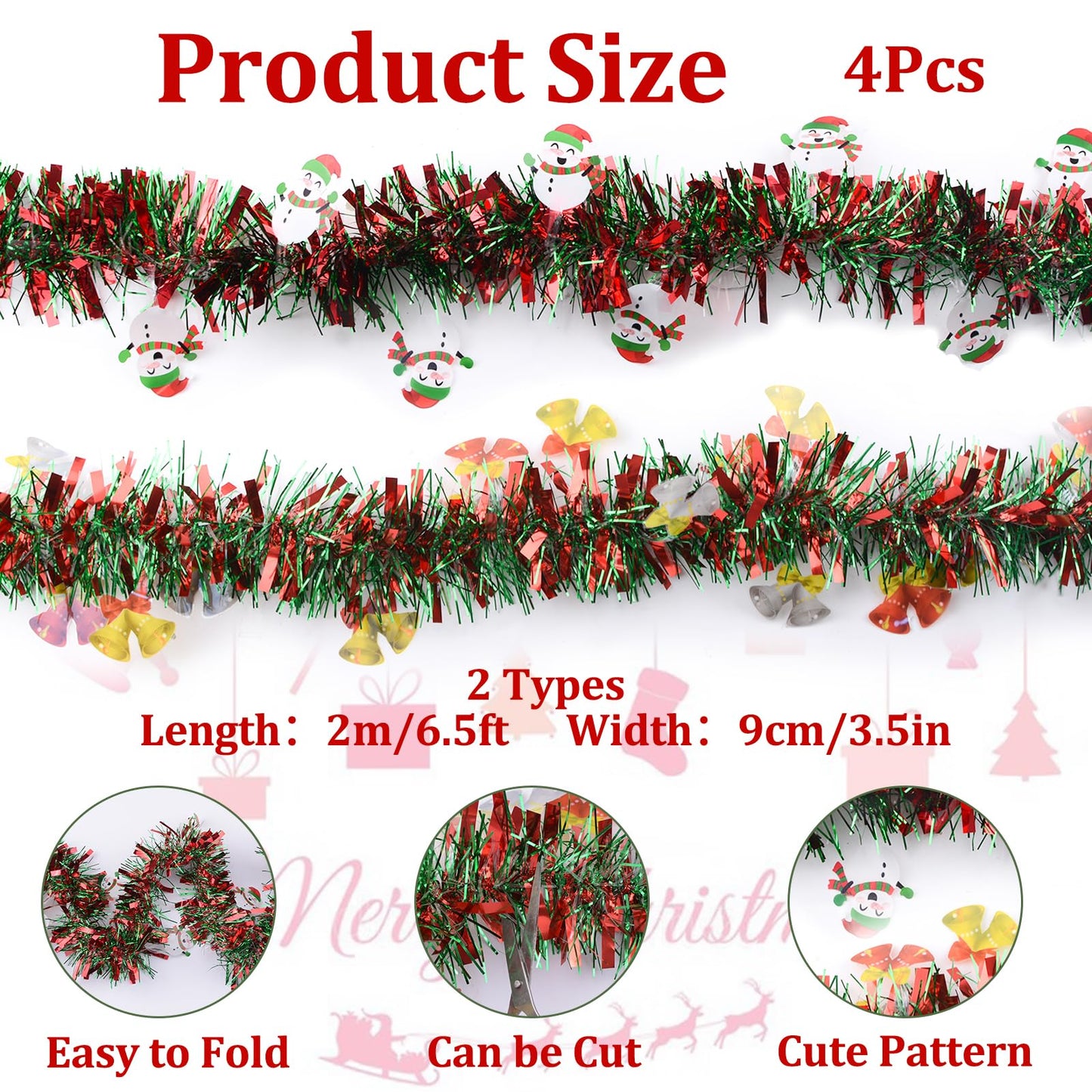 WANDIC 4Pcs 6.5Ft Christmas Garland, Snowman and Bell Christmas Tinsel Garland Indoor Decor Xmas Tree Staircase Railing New Year Holiday Home Decor