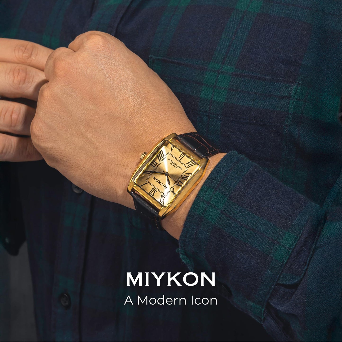 Miykon Vintage Watches for Men - Tank Square Gold Analog Watch with Brown Genuine Leather Wrist Strap for Classic Dress - Japanese Quartz, Waterproof to 100ft