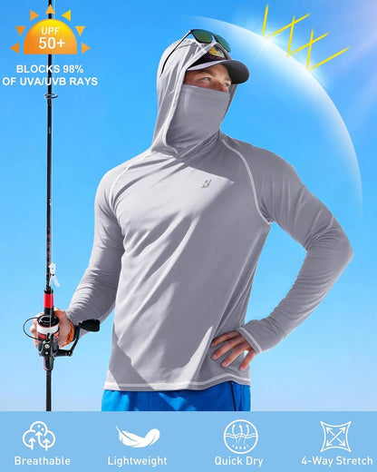 UPF 50+ Fishing Shirts for Men - Long Sleeve UV Sun Hoodie with Mask | Outdoor Rash Guard for Swim, Hike, Run