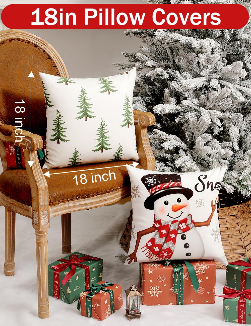 TOYPOPOR Christmas Decorations, Double Sided Plaid Throw Pillow Covers 18x18 Inches Set of 4, Christmas Tree, Snowflakes, Merry Christmas, Snowman Reindeer Winter Holiday Pillowcase for Sofa Couch