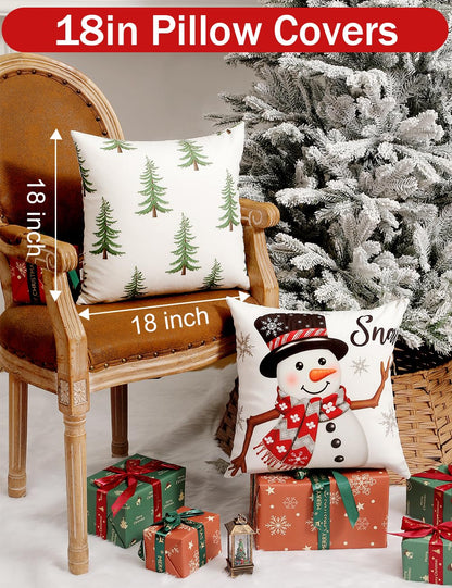 TOYPOPOR Christmas Decorations, Double Sided Plaid Throw Pillow Covers 18x18 Inches Set of 4, Christmas Tree, Snowflakes, Merry Christmas, Snowman Reindeer Winter Holiday Pillowcase for Sofa Couch