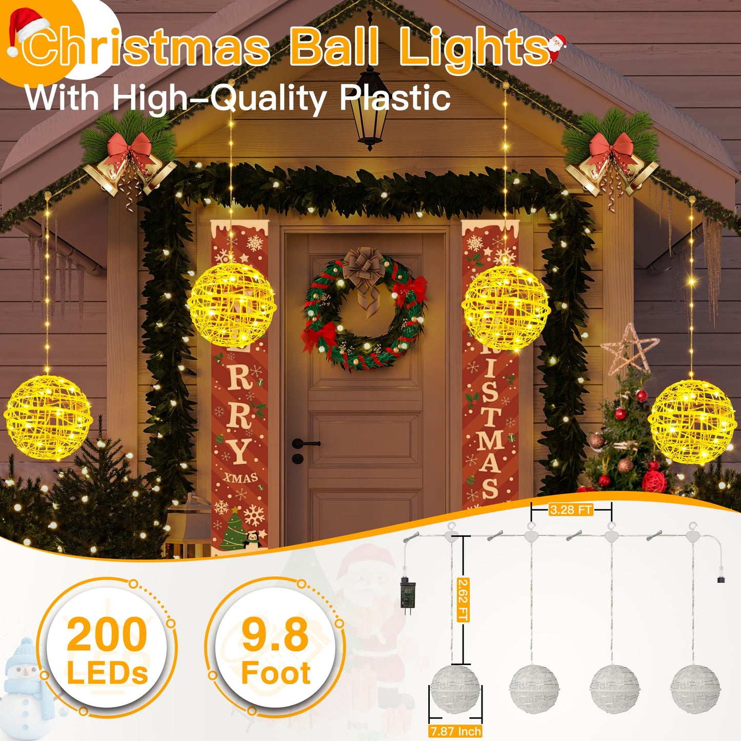Ollny Christmas Lights Outdoor 4Pack 7.87inch, Warm White 200 LED Ball Light with Plug in Remote, 8 Modes IP67 Waterproof Connectable Sphere Tree Lights for Indoor House Yard Garage Decorations