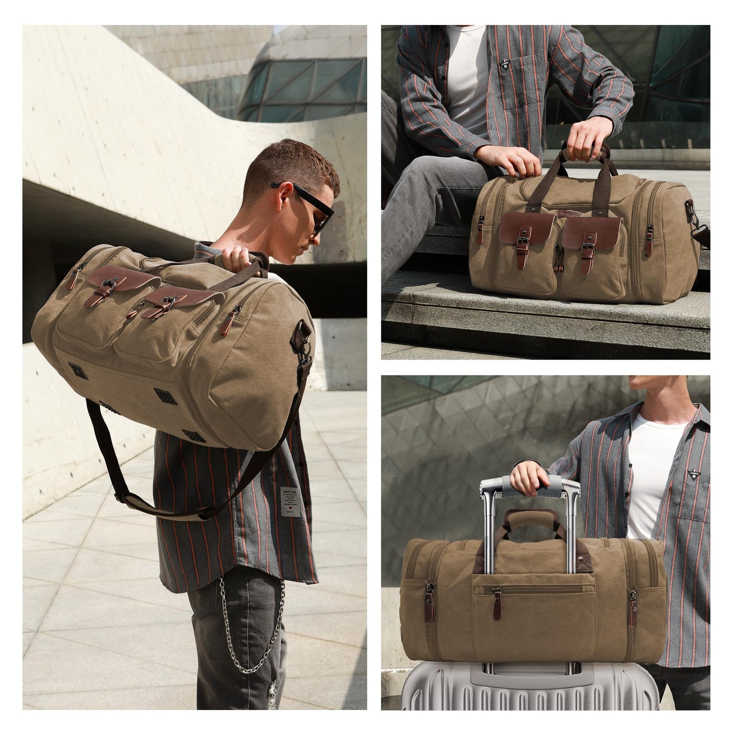 Wildroad 50L Travel Duffel Bag, Expandable Canvas Genuine Leather Duffle Bag Upgraded Overnight Weekender Carry on Bag