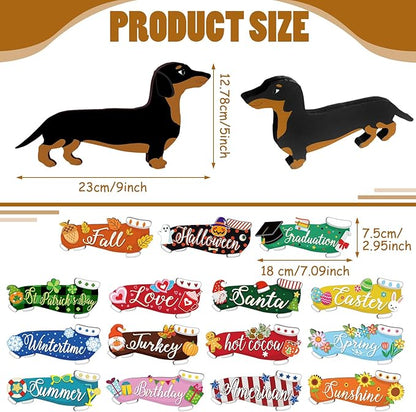 Barydat 16 Pcs Seasonal Dachshund Dog Welcome Sign Lovely Interchangeable Front Door Decoration, Wooden Rustic Holiday Door Wall Decor for Independence Day Summer Fourth of July Decoration(Dog)