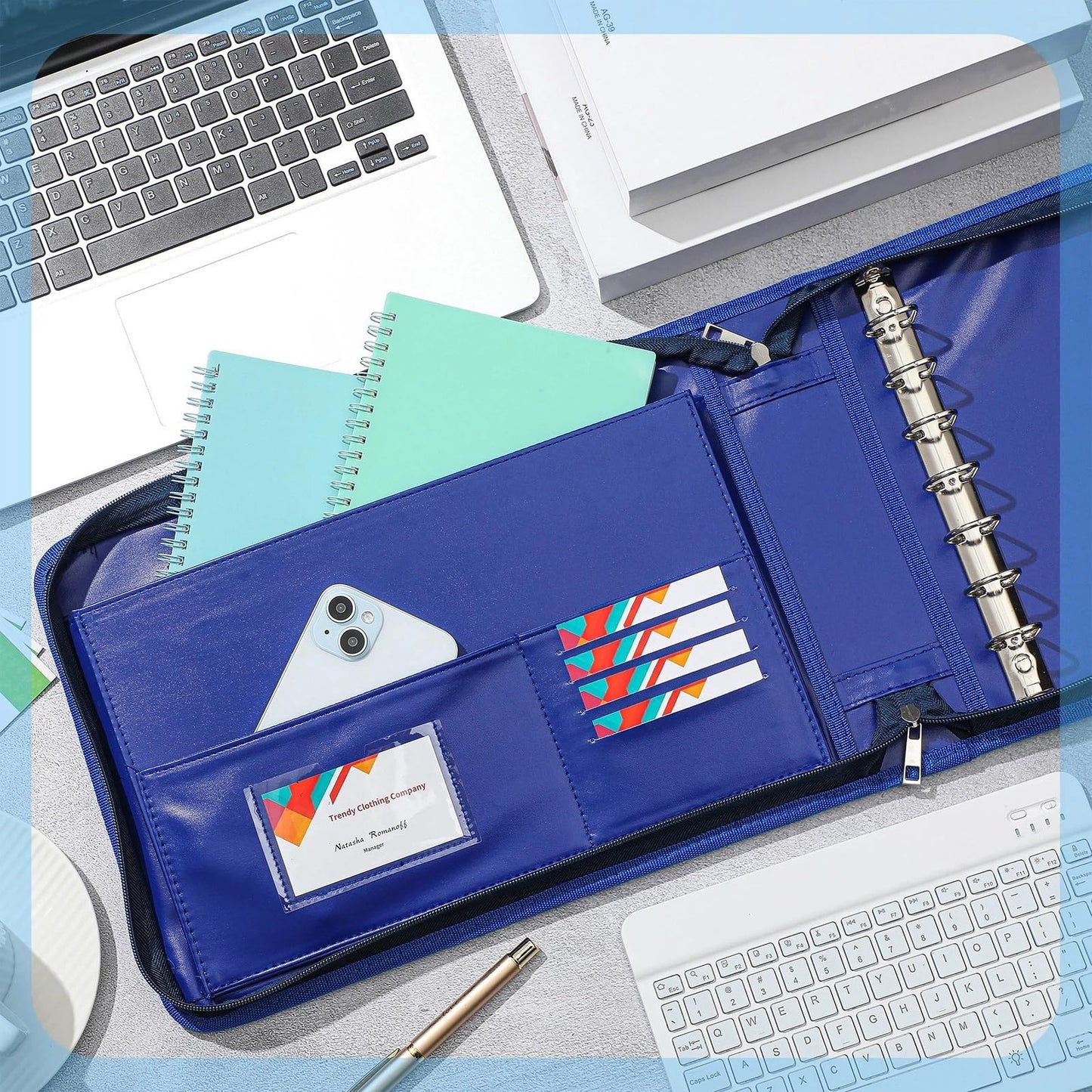Henoyso 7 Ring Fireproof Business Checkbook Binder with Zipper 1.5 Inch D Rings Check Binder 9 x 13 Inch Checks 600 Sheets Capacity Built in Storage Organizer for Office Storage(Dark Blue)