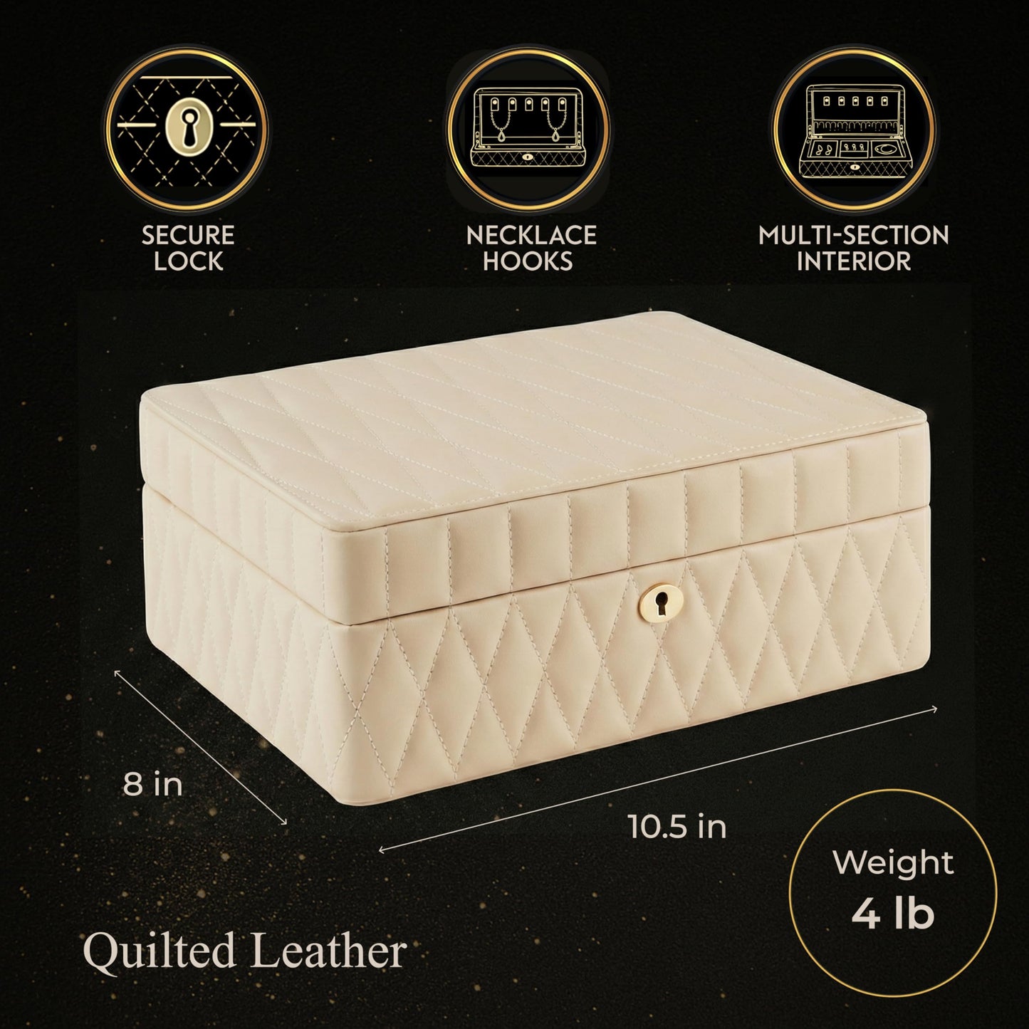 Bey-Berk Diamond-Quilted Leather Travel Jewelry Box, Cream, Locking Organizer with Necklace Hooks, Ring Rows and Watch Compartment