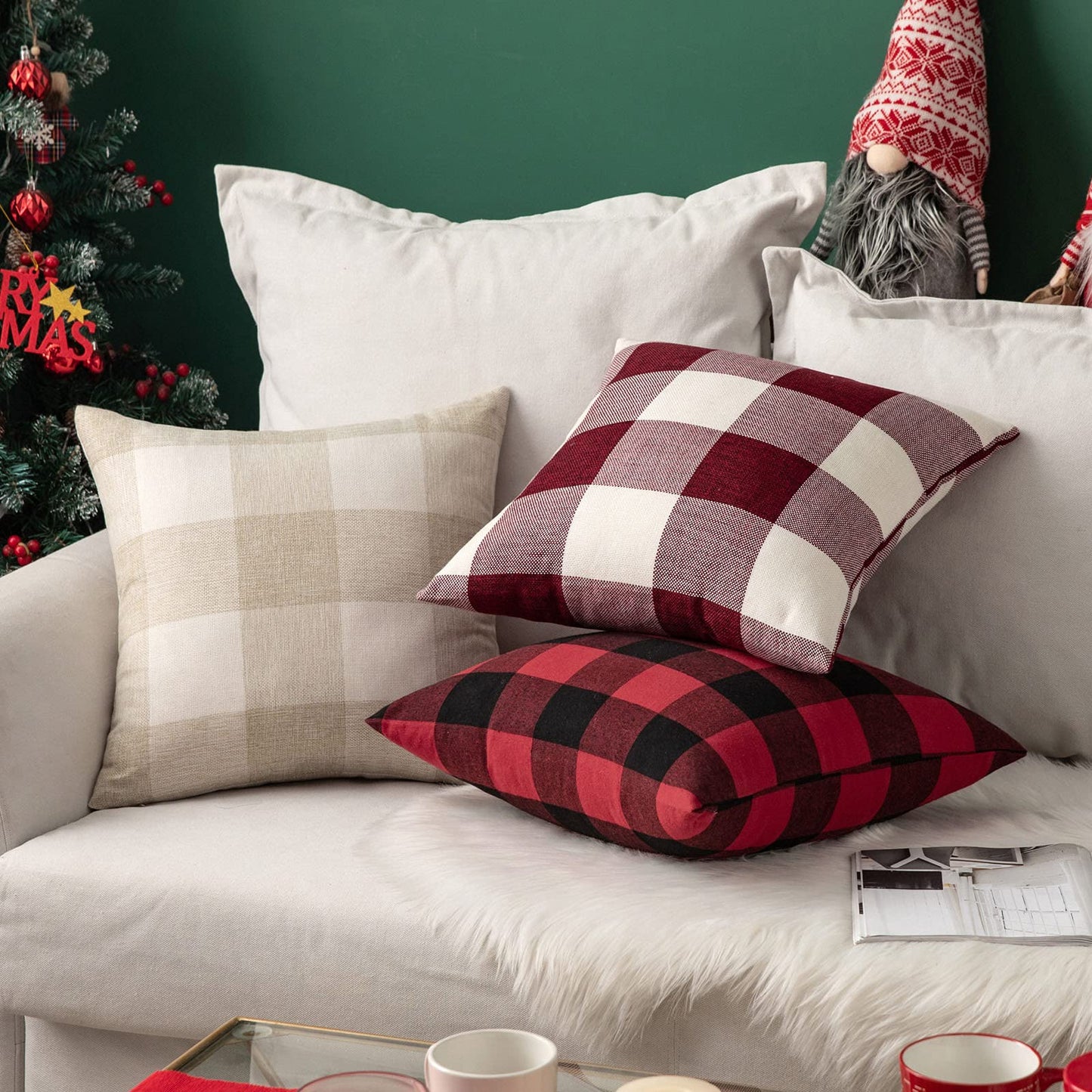 MIULEE Pack of 2 Christmas Classic Farmhouse Buffalo Check Plaids Linen Soft Soild Decorative Square Porch Throw Pillow Covers Home Decor Cushion Case for Sofa Bedroom 18x18 Inch, White and Red