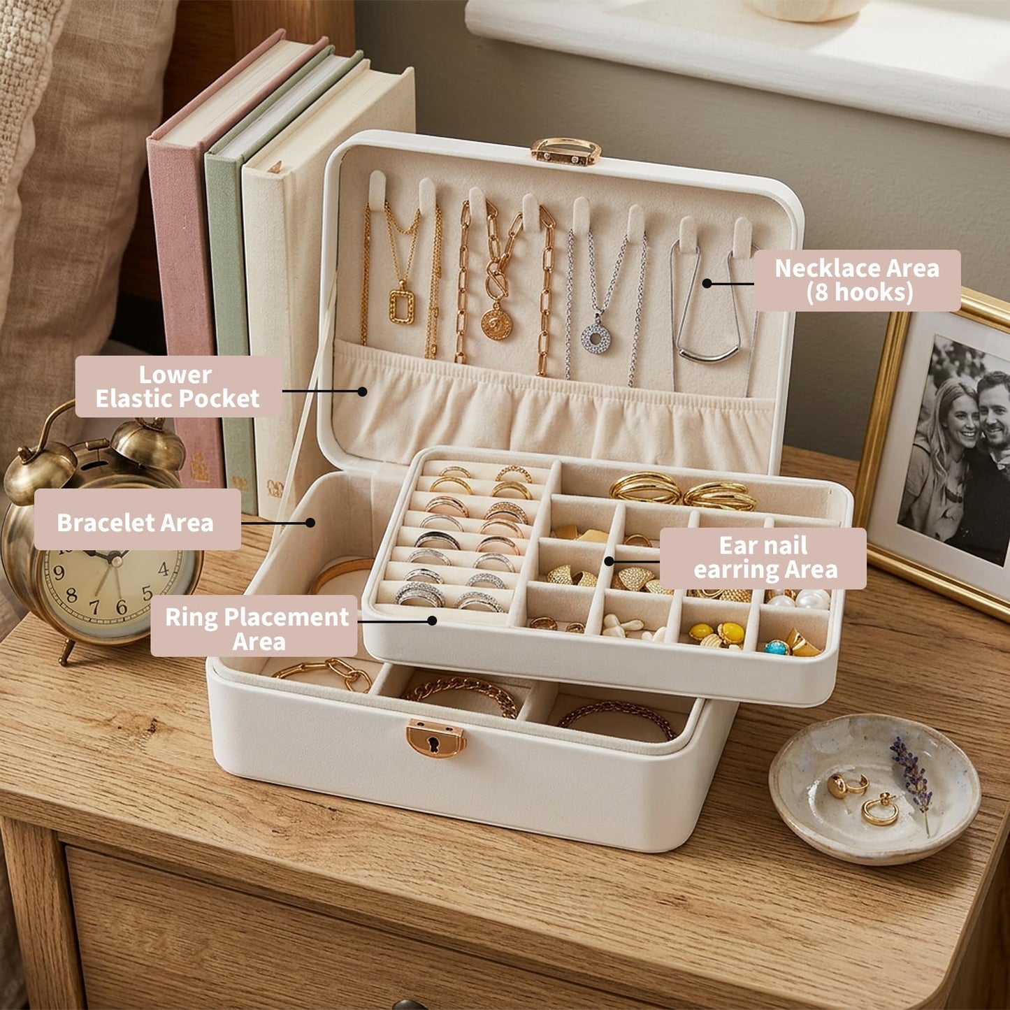 GarveeHome 1PC 2-Layer Jewelry Box Organizer, PU Leather Lockable Jewelry Storage Case for Women Girls, White/Champagne, Portable Display Box for Rings, Necklaces, Earrings