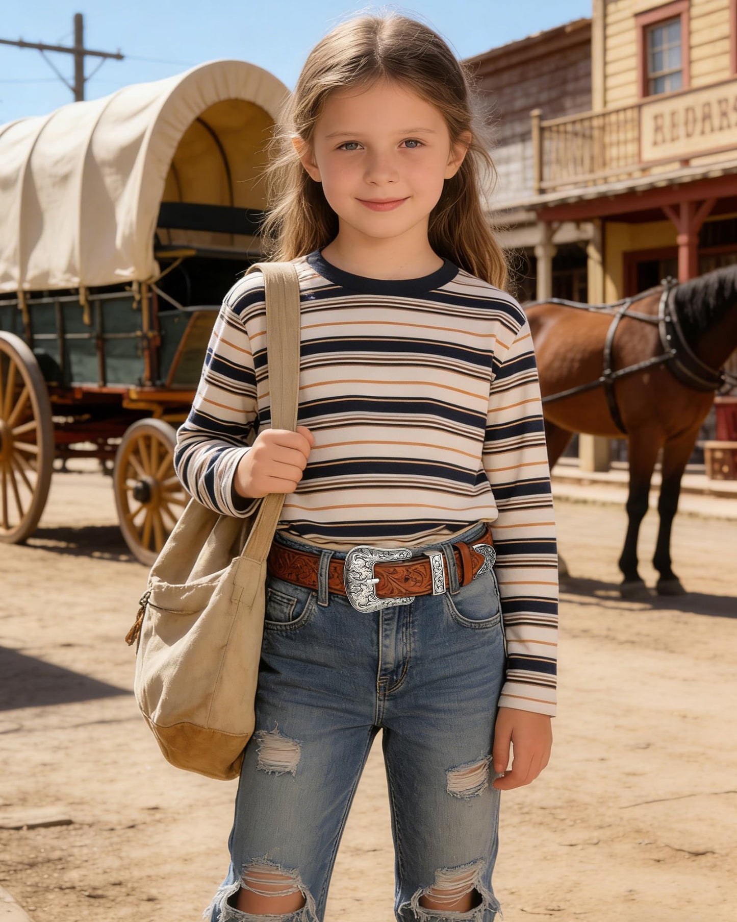 AWAYTR Kids Western Belt for Girls - Vintage Cowgirl Leather Belt for Jeans Dresses, Brown, Fit Waist 20-24in