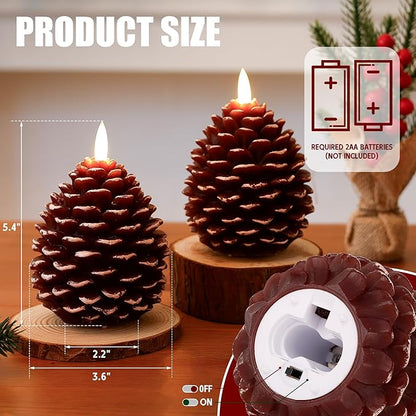Christmas Flameless Pinecone Candles with Remote,Real Wax Battery Operated Candles, Flickering Led Pine Cone Candle for Xmas Holiday Winter Home Decoraction, 2 Pack
