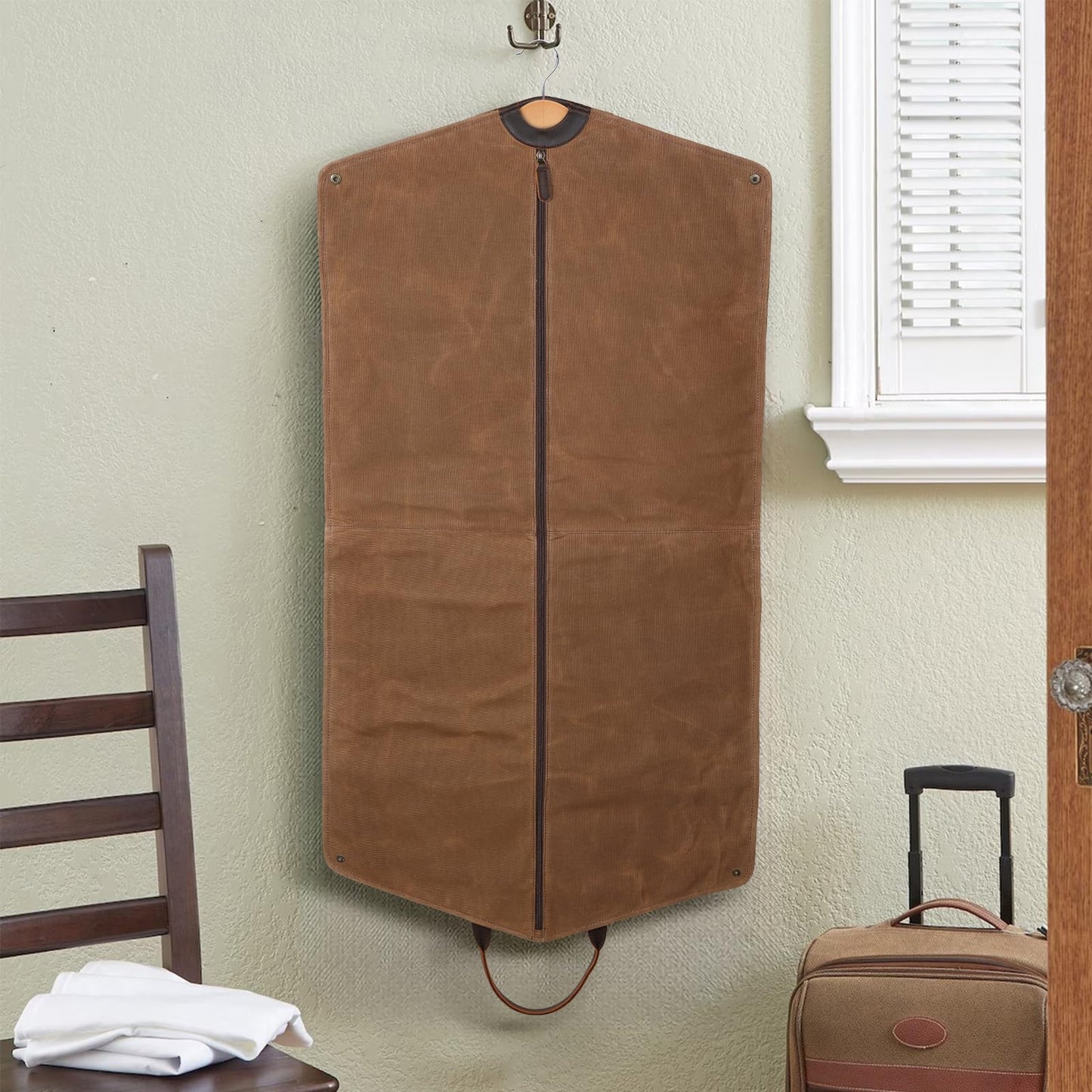 Polare 43” Waxed Canvas Full Grain Leather Trim Garment Bag for Travel, Large Carry on Business Suitcase Cover with YKK Zipper, Waterproof Hanging Suit Garment Cover with Handles,1 pack(Brown)