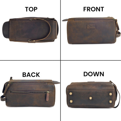Rasavi Genuine Leather Travel Toiletry Bag for Men & Women, Handcrafted Vintage Dopp Kit, Water-Resistant Shaving & Bathroom Essentials Organizer - Rustic Brown