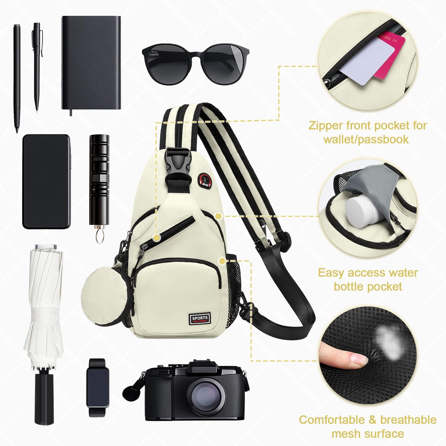 SUIKIHUM Convertible Sling Bag with Coin Pocket, 7.9" Tablet Crossbody Mini Backpack with Headphone Jack Casual Pack for Women Men Travel, White