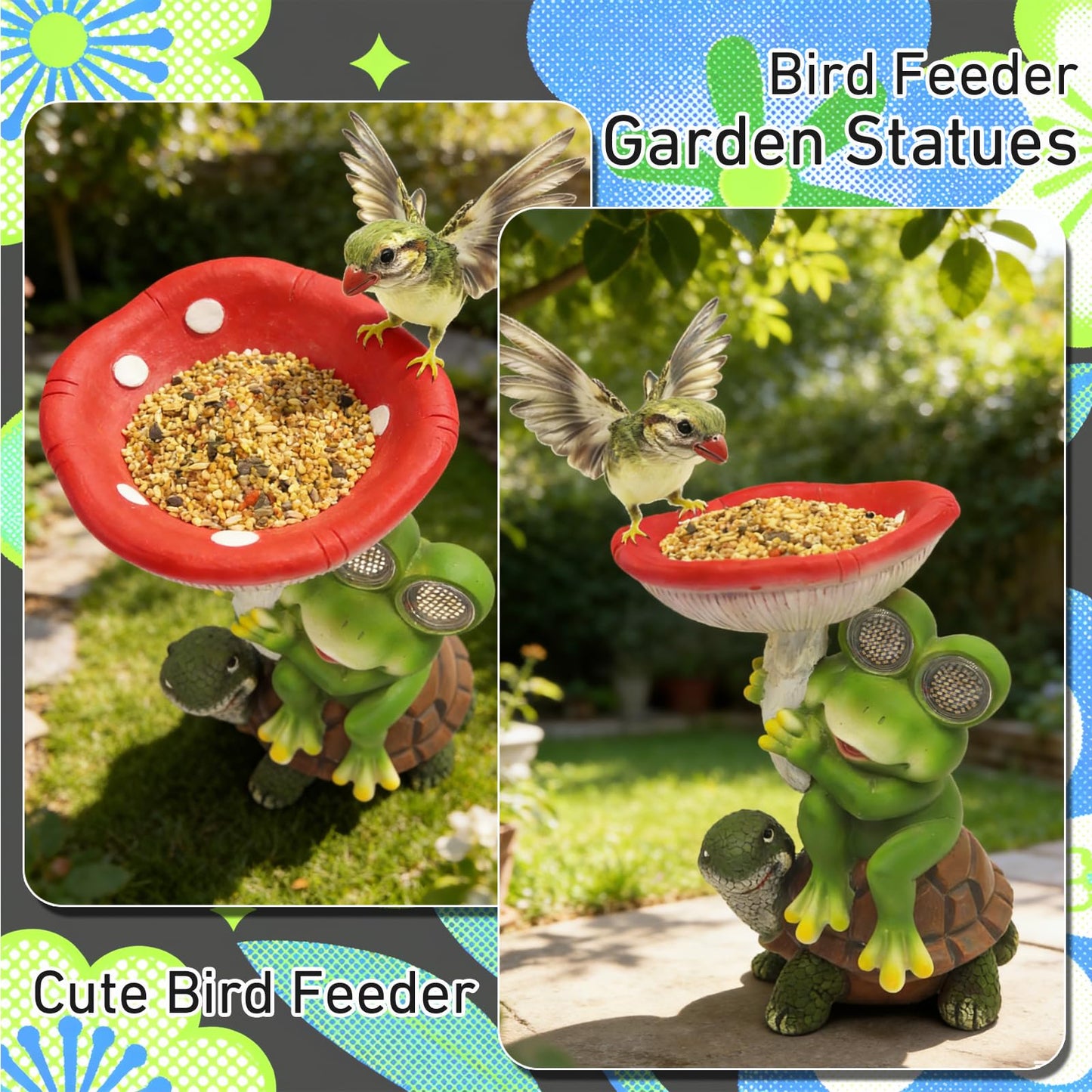 Funny Solar Garden Statues 10'' Frog Turtle with Mushroom Bird Feeder and Eyes LED Lights - Lawn Decor Outdoor Statues for Patio Balcony Yard Ornament - Unique Gardening Gifts for Women Grandma Mom.