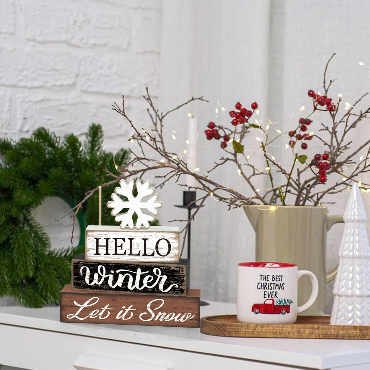 4 Pcs Winter Snowflake Wooden Table Block Sign Christmas Tiered Tray Decor Hello Winter Wood Tabletop Centerpiece Let it Snow Rustic Farmhouse Table Decorations for Xmas Holiday Home Shelf Party Decor