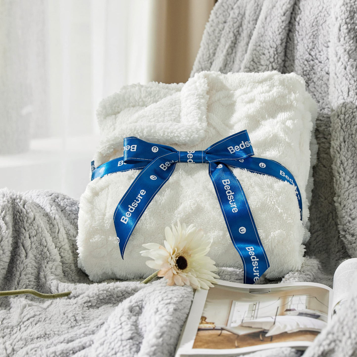 Bedsure Gentlesoft Sherpa Fleece Blanket Twin Size for Bed - Fluffy & Cozy Cable Jacquard Tufted for Women Gift, Thick and Warm Christmas Blanket for Winter, Cream, 60x80 Inches