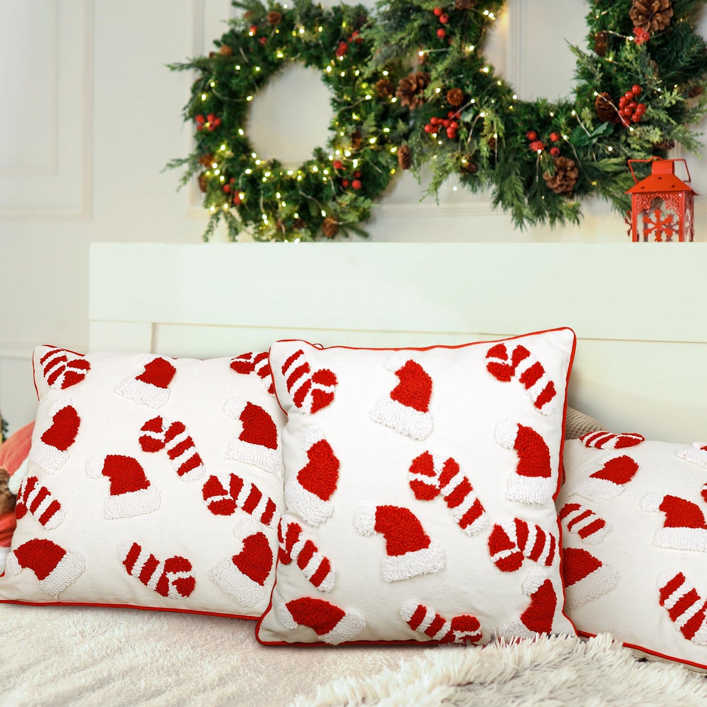 Whaline 2Pcs Christmas Tufted Throw Pillow Covers Red White Xmas Hat Candy Cane Pillow Case Winter Holiday Soft Cushion Cover for Sofa Couch Bed Home, 18 x 18 Inch