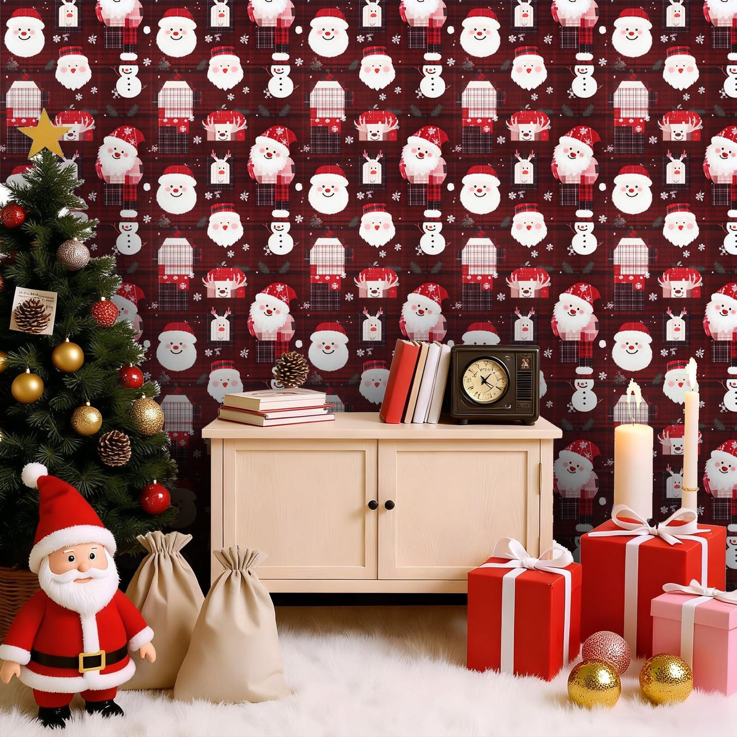 Timeet Christmas Peel and Stick Wallpaper Santa Claus & Snowman Contact Paper Red Plaid Holiday Wall Paper Decor Removable Self-Adhesive Wallpaper Vinyl Christmas Decoration 17" x 196.8"