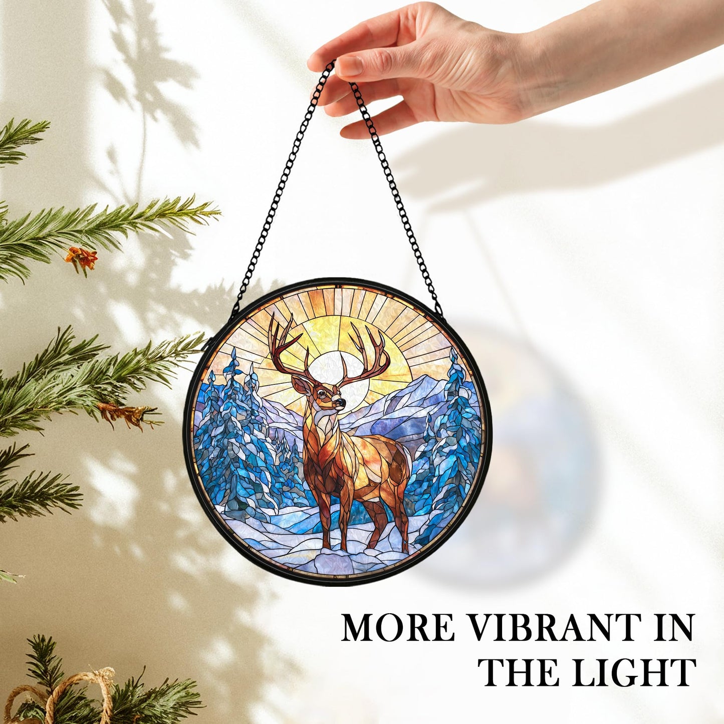cvjutf Winter Wonderland Christmas Deer Suncatcher Stained Glass Window Hanging Decorstions, Landscape Stained Glass Wall Decor, Winter Solstice Gifts, Forest Garden Sun Catchers Window Art, 7.9x7.9In