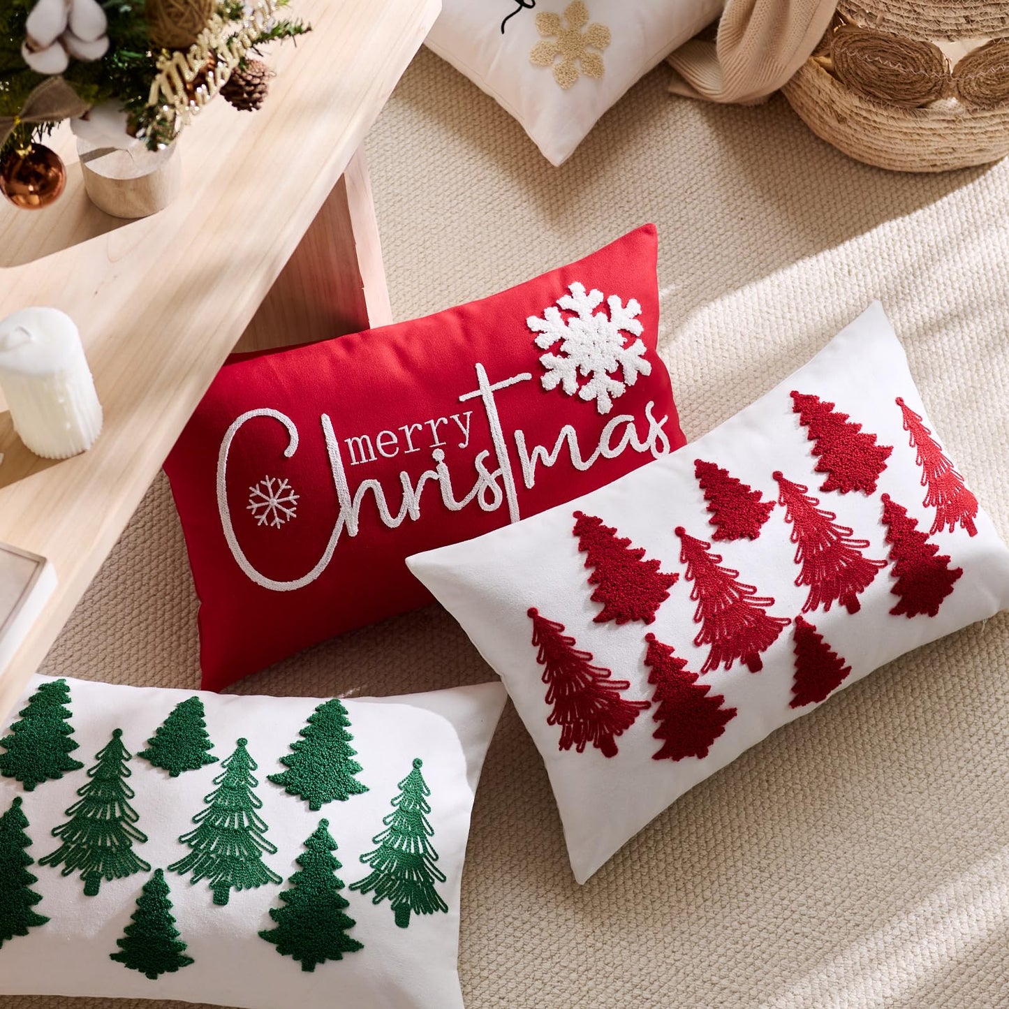 yeshttdy Merry Christmas Pillow Covers 12x20 Inch Embroidery Snowflake Xmas Decorative Lumbar Throw Pillow Cover Winter Holiday Pillow Case Cushion Cases for Sofa Couch Living Room Decorations Red