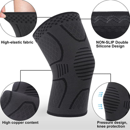 Double Couple 2 Pack Copper Knee Brace Knee Compression Sleeve Support for Men Women Knee Pain Working Out Running Sport Arthritis(Black&Dark Grey,Medium)