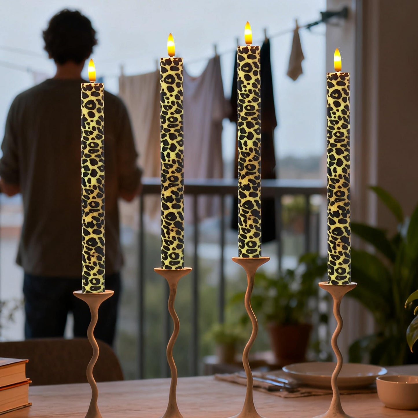 SEUCRWAX 10 Inch Flameless Taper Candles,LED Candlesticks Battery Operated with 10-Key Remote and Timer,4p Flame Lights for Wedding Decoration Party(Leopard)