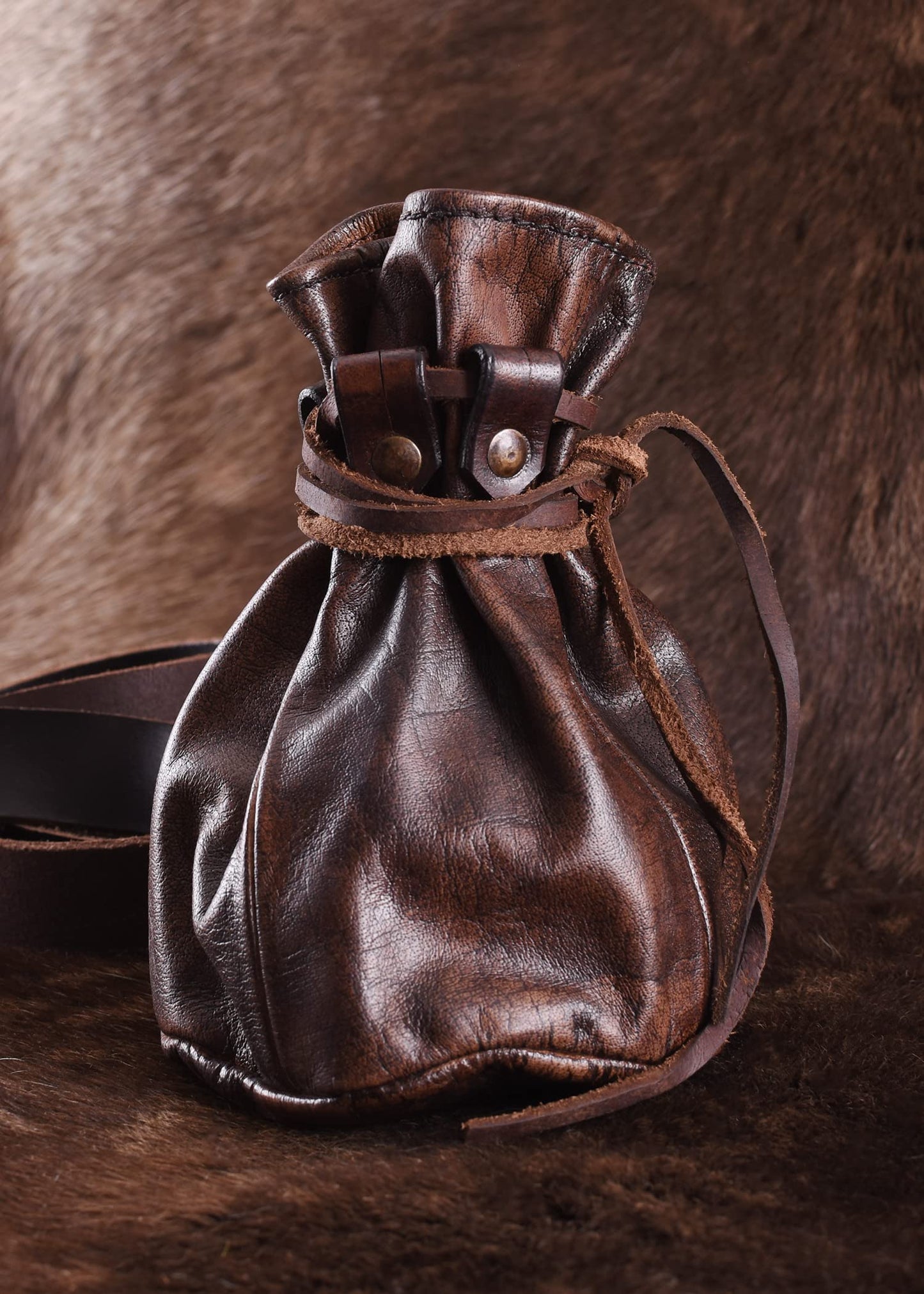 Battle-Merchant Large Leather Drawstring Pouch – Medieval Coin & Dice Bag, Brown Genuine Leather Belt Pouch for LARP, Renaissance Costume & Everyday Carry
