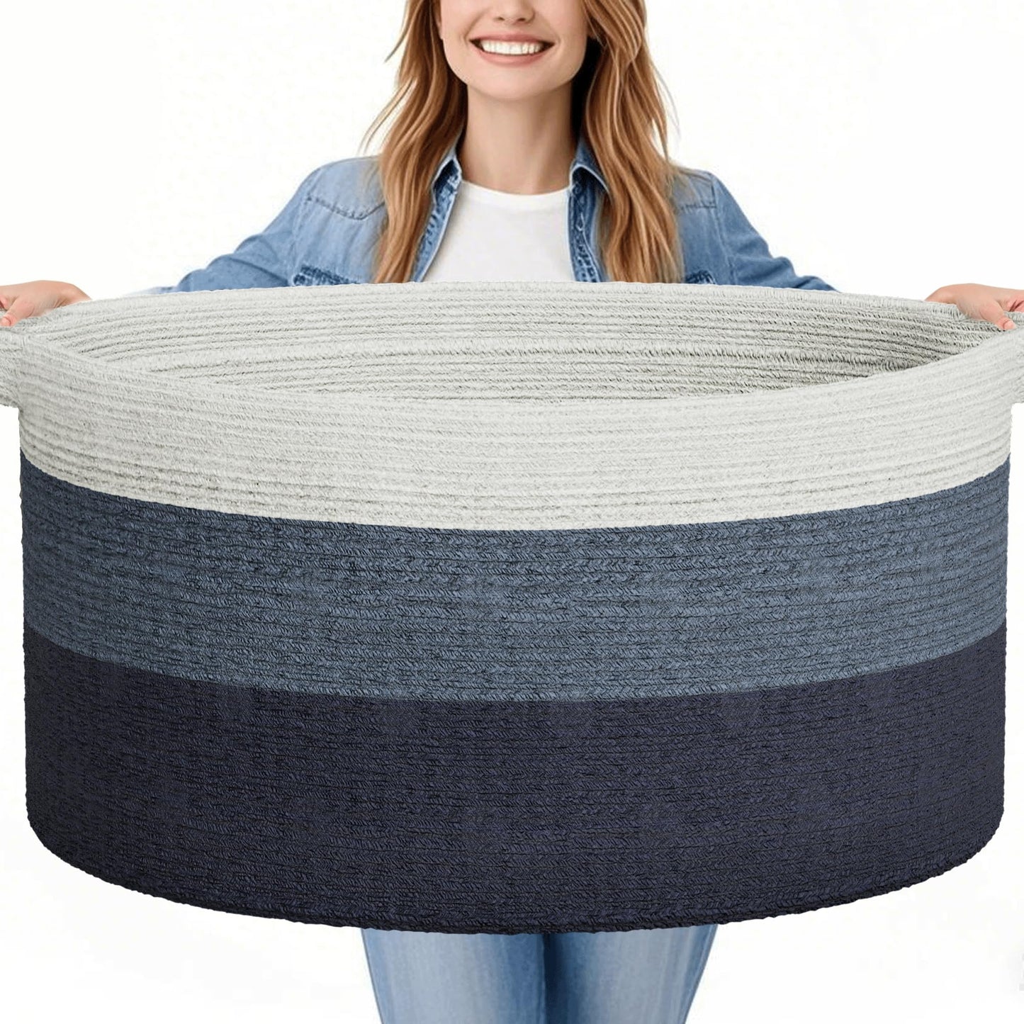 GOPAS 125L Extra Large Blanket Basket, 25" x 16", Jumbo Laundry Woven Basket Decorative Home, Cotton Rope Basket with Handles, Baby Toy Basket for Storage, Gradual blue