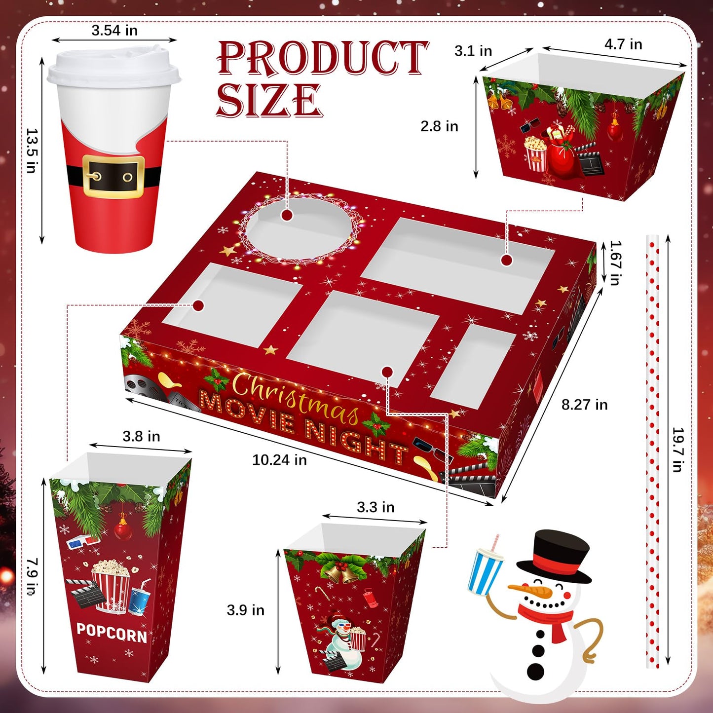 Bokon 172 Pcs/ 24 Sets of Christmas Movie Night Snack Trays 3 Sizes Snow Santa Snack Boxes, 16 oz Disposable Drinks Cups, 50 Straws, Complimentary Sealing Stickers for Cinema Party Decoration