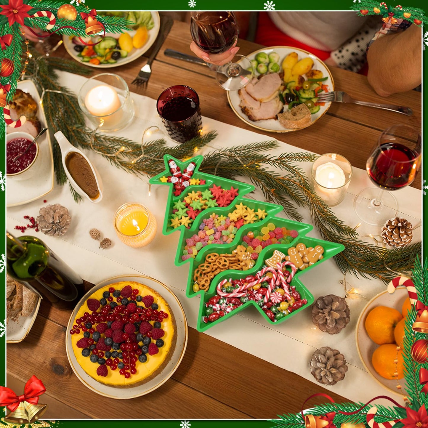 SiliFine Christmas Tree Shaped Serving Tray Divided Plastic Charcuterie Serving Plates Dishes with Compartments Xmas Party Decorations for Snacks Desserts Holiday Xmas Gift(10.2'', Green)