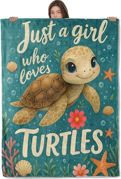 Cute Turtle Lightweight Throw Blanket, Cartoon Ocean Animal with Shell and Starfish, Warm Soft Cozy Flannel Blankets, Couch Dorm Home Decor All Season Use, 60x50in, Gifts for Girls Women