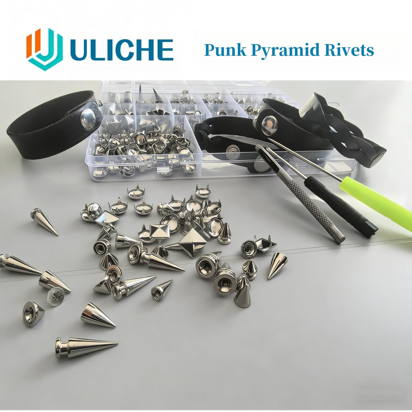 Uliche 559 Pcs Punk Studs and Spikes Kit，8 Sizes Cone Spikes,Square Pyramid&Circular Rivet,Metal Tree Spikes Studs for Clothing and Leathercraft Accessories DIY Craft Decoration,Wristband Included
