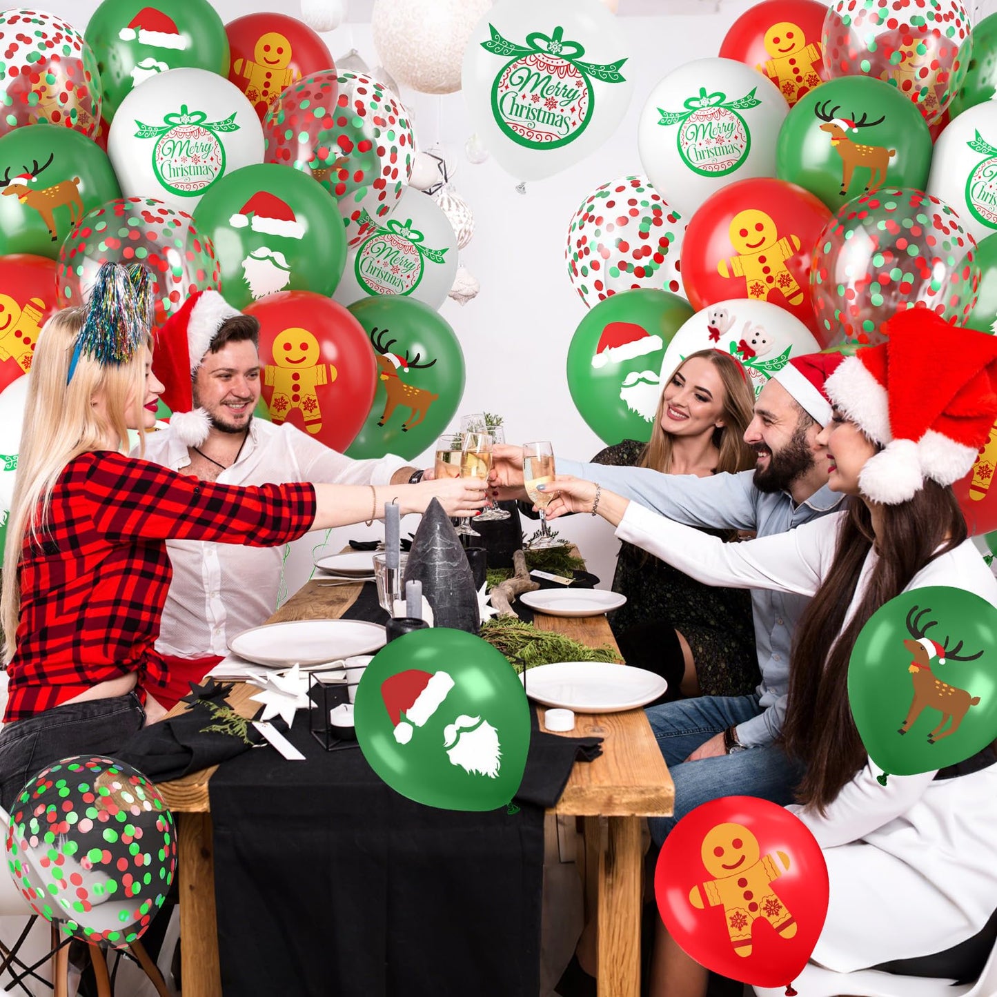 Saxuxu Christmas Balloons, 12 Inch Xmas Print Balloons, Red Green Confetti Latex Balloon Green Red White Gingerbread Man Bell Elk Santa Claus Printed Balloon for New Year Christmas Party Decorations