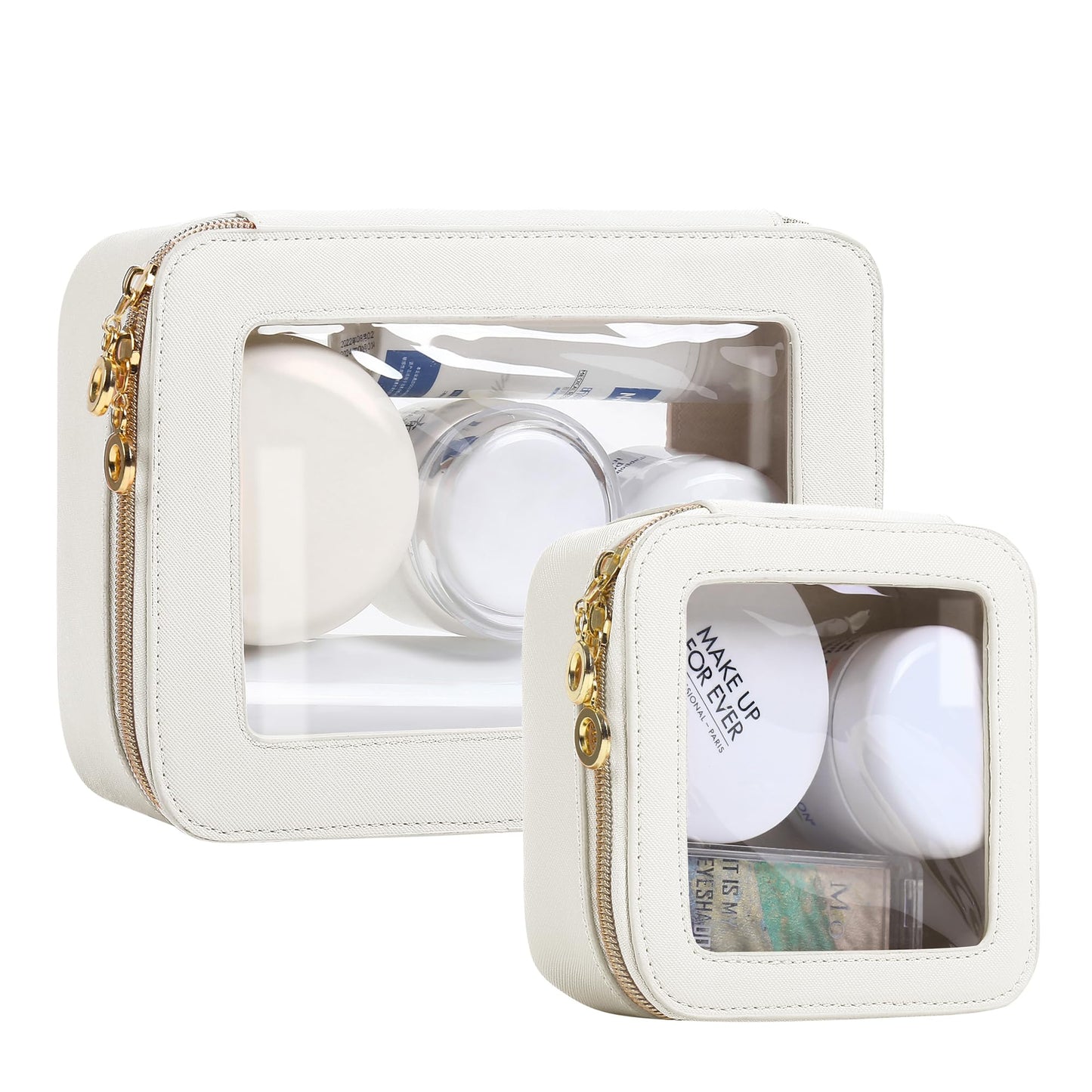 JRQCSJY Leather Clear Makeup Bags Set - Travel Clear Cosmetic Bag Case with Zipper, Transparent TSA Approved Toiletry Bags for Travel Essentials Car Accessories for Women (White, S+M)