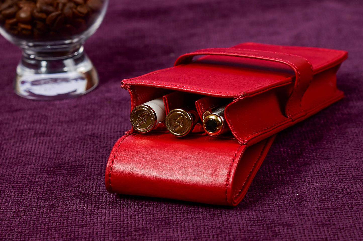 DiLoro Leather Triple Pen Case Pencil Pouch Holder for Three Fountain Ballpoint Rollerball Pens and Pencils (Tan)