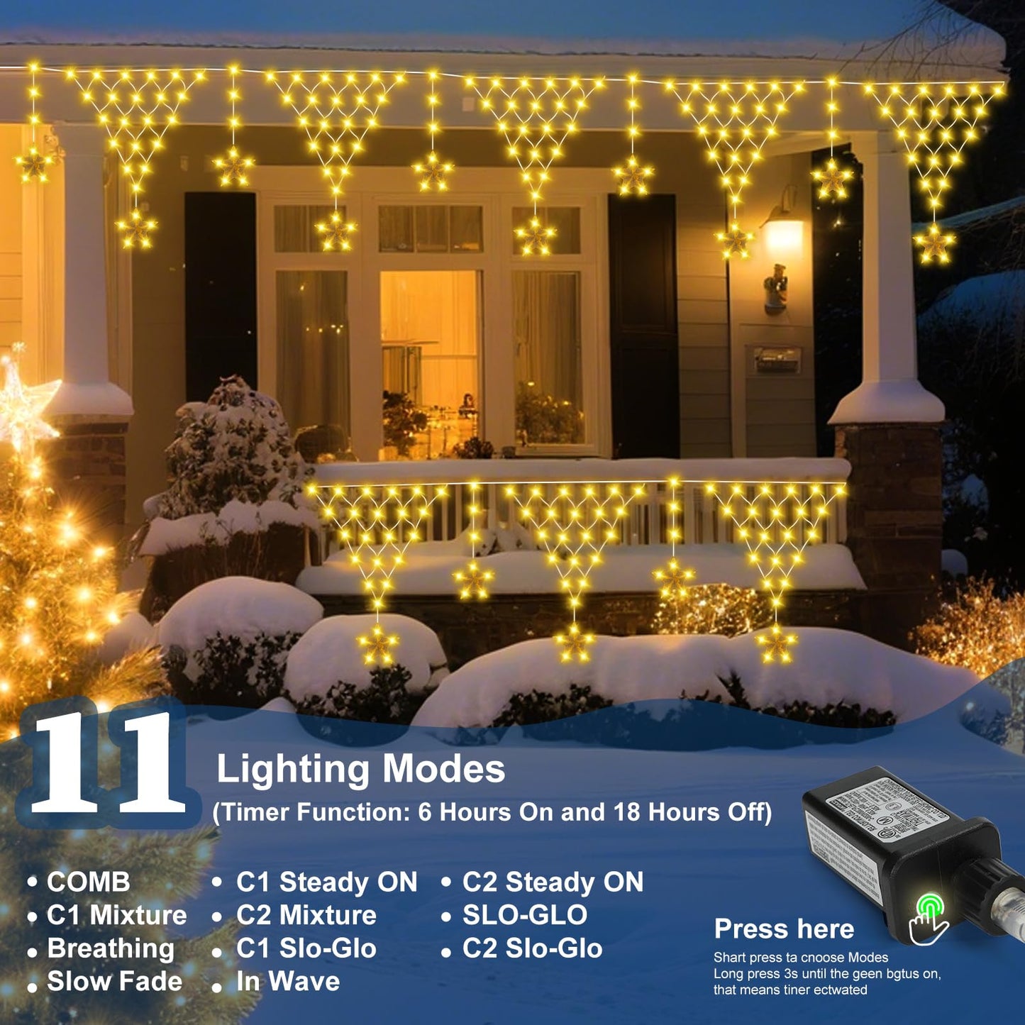 Ramadan Outdoor String Lights Waterproof, 218 LED 13.8FT Star Curtain Fairy Lights with 12 Drops Connectable Clear Wire Christmas Light Decorations 8 Modes for Eaves Yard Wedding Party Holiday Decor