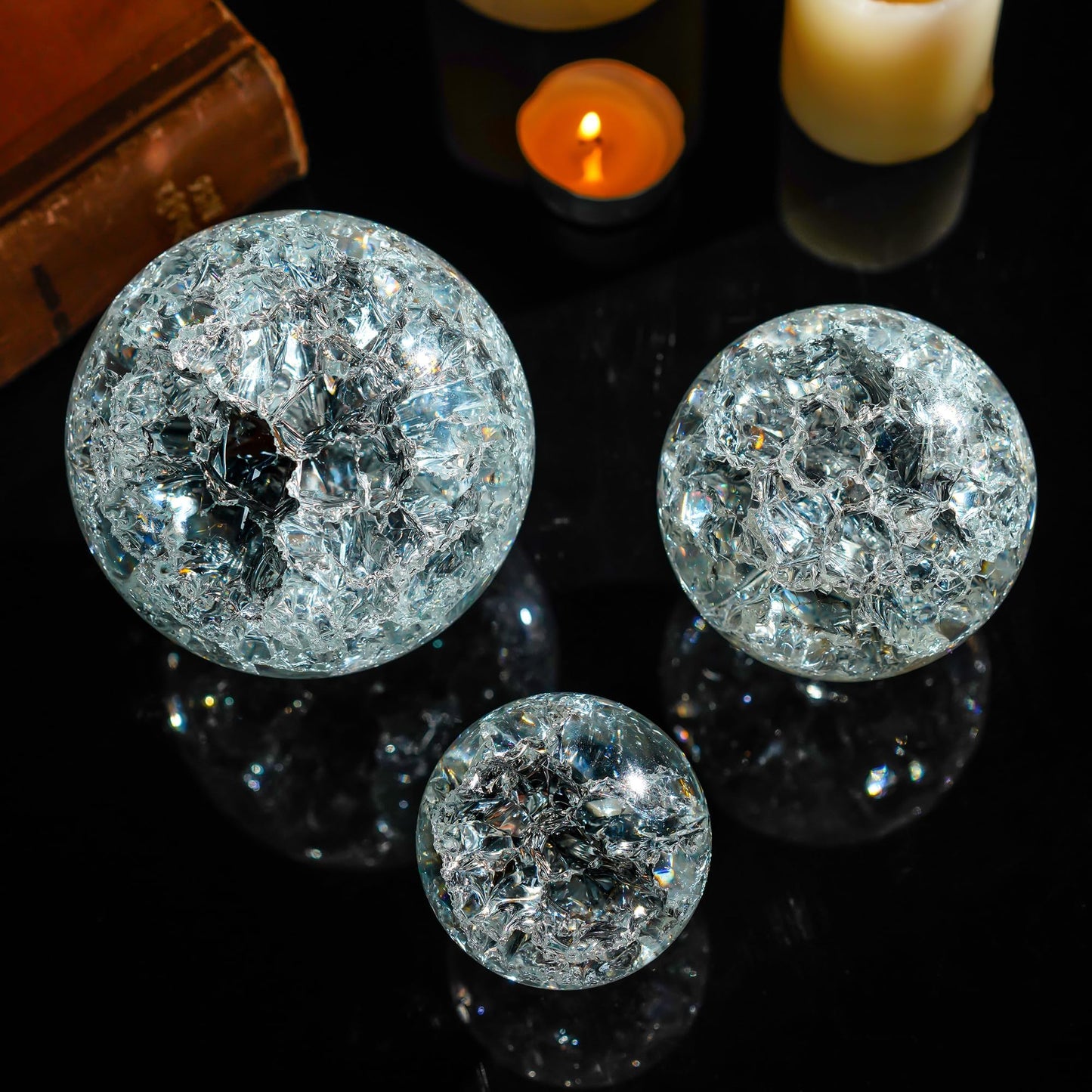 ZEERSHEE Set of 3 60/80/100mm Crystal Cracked Balls Glass Globe Paperweight Decor Solid Decorative Sphere with Stand Feng Shui Divination or Fortune Telling Ball