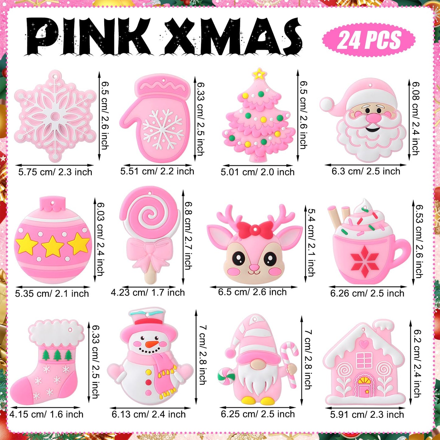 Lunmon 24 Pcs Pink Christmas Ornaments PVC Pastel Ornaments for Christmas Tree Santa Claus Gingerbread House Gnomes Xmas Baubles Winter Decorations for Xmas Tree Party Holiday Decor